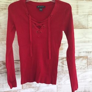 INC Ribbed Knit Red Lace Front Sweater